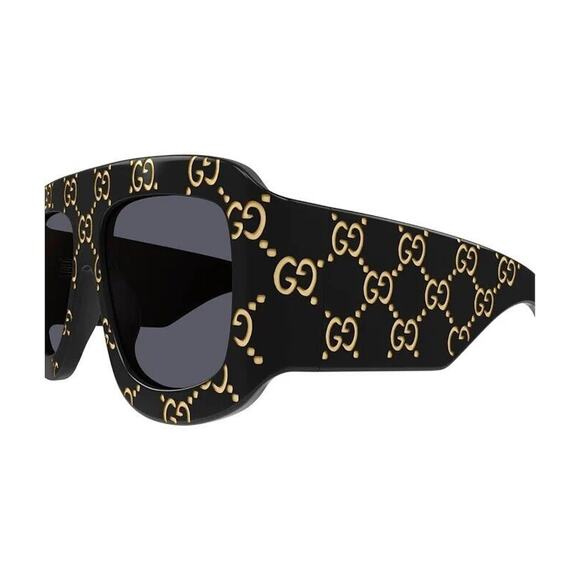 Gucci GG0983S 004 Black Gold Grey Lens Soft Square Oversize Monogram Sunglasses - Picture 4 of 7